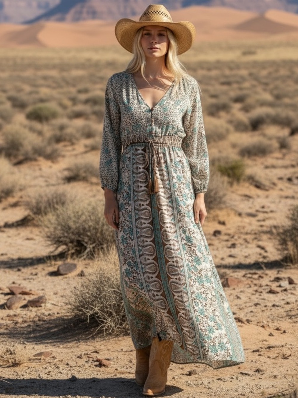 Prarie BohoTurquoise Brown Feminine Floral Maxi Festival Duster Dress Juniors XL